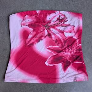 Tropical Rhinestone Y2K Sleeveless Top Size XL Airbrushed Flower Beach Festival